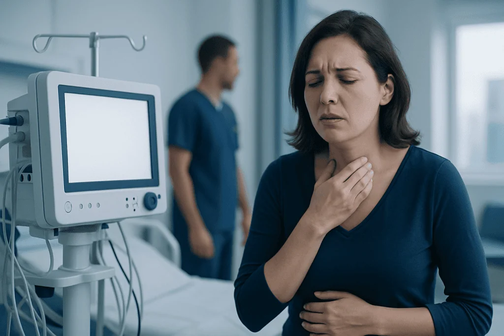Woman experiencing throat discomfort in hospital room with medical equipment.