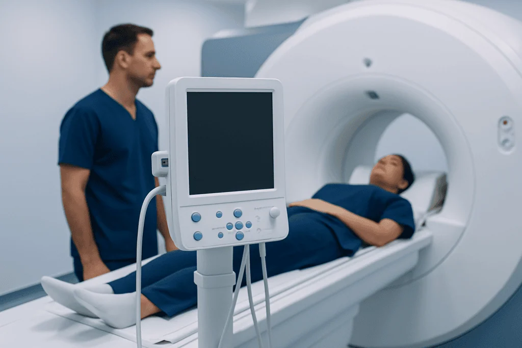 Patient undergoing MRI scan at Acibadem Hospital for cervical spine assessment.