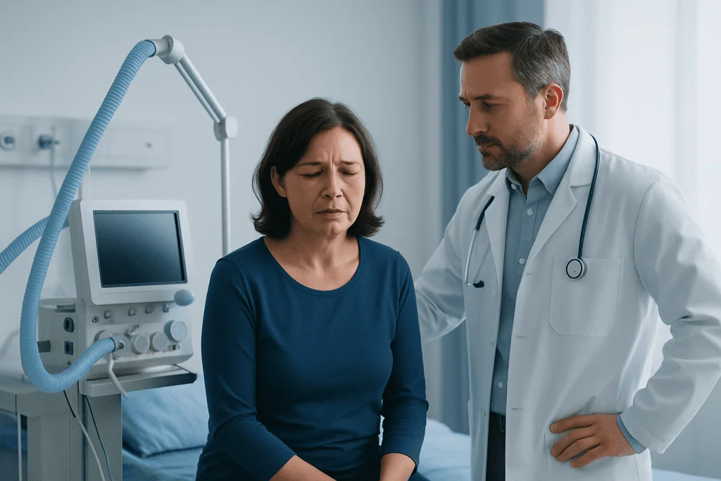 Doctor examining a woman with respiratory issues in a hospital room.