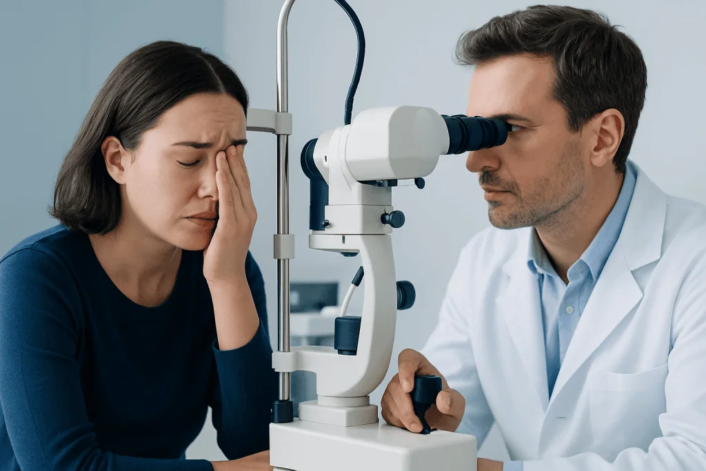 Optometrist examines patient's eye with slit lamp in clinic.