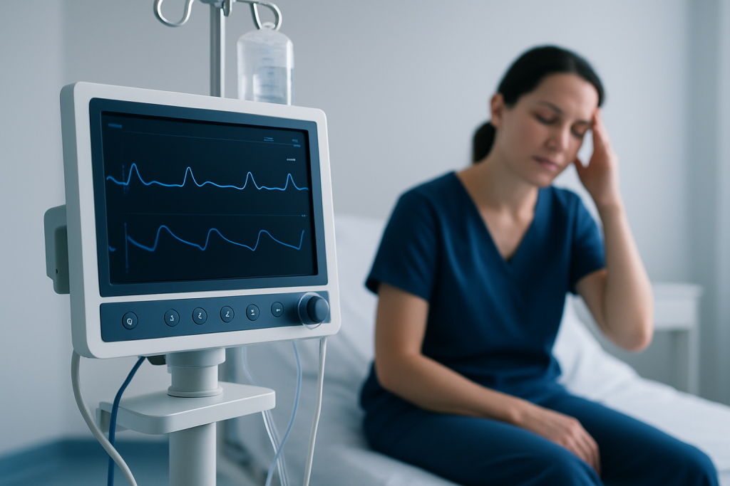 Woman in hospital with ECG monitor, appearing distressed or in pain.