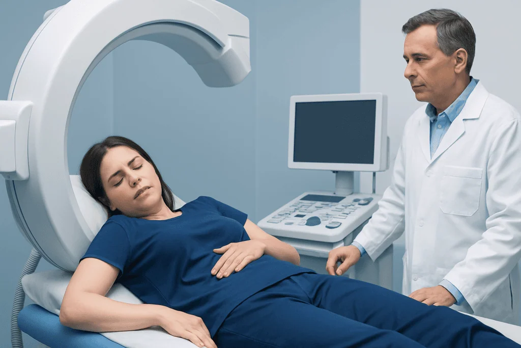 Patient undergoing MRI scan for hip pain at Acibadem Hospital.