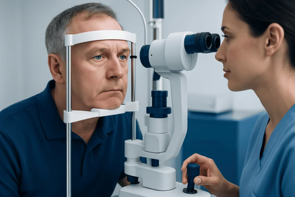 Doctor performing eye exam with slit lamp at Acibadem Hospital.