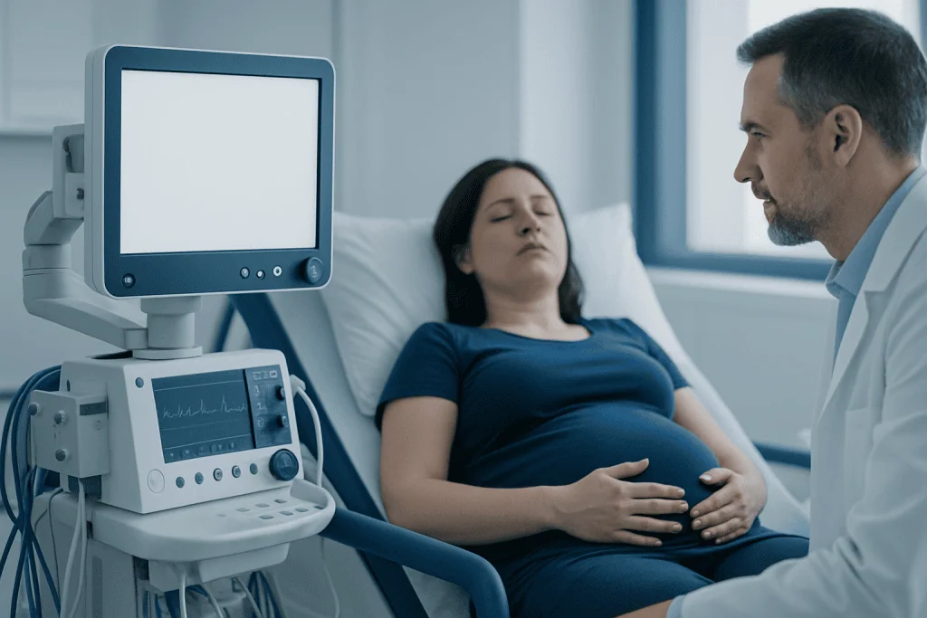 Doctor consulting pregnant woman in hospital room with medical equipment.