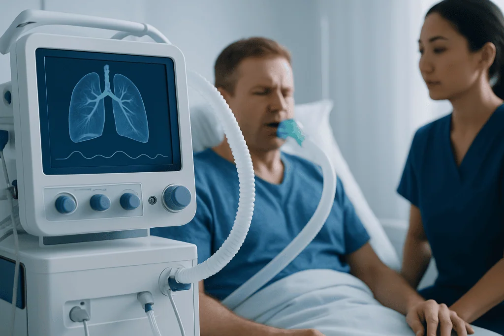 Patient with lung issues receiving oxygen therapy in hospital.