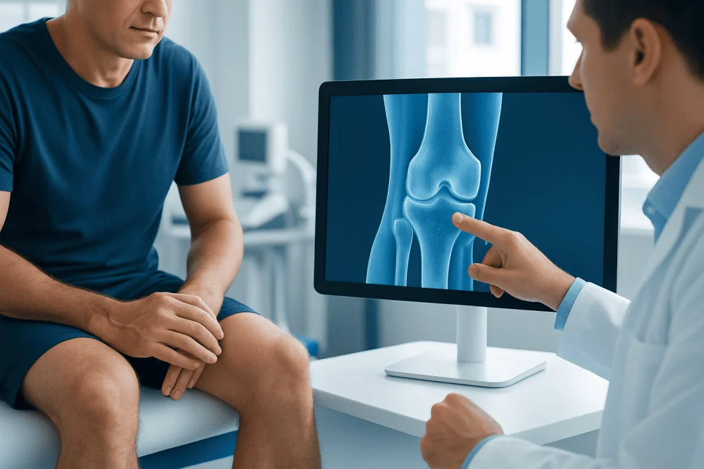 Doctor explaining knee X-ray to patient in a medical consultation.