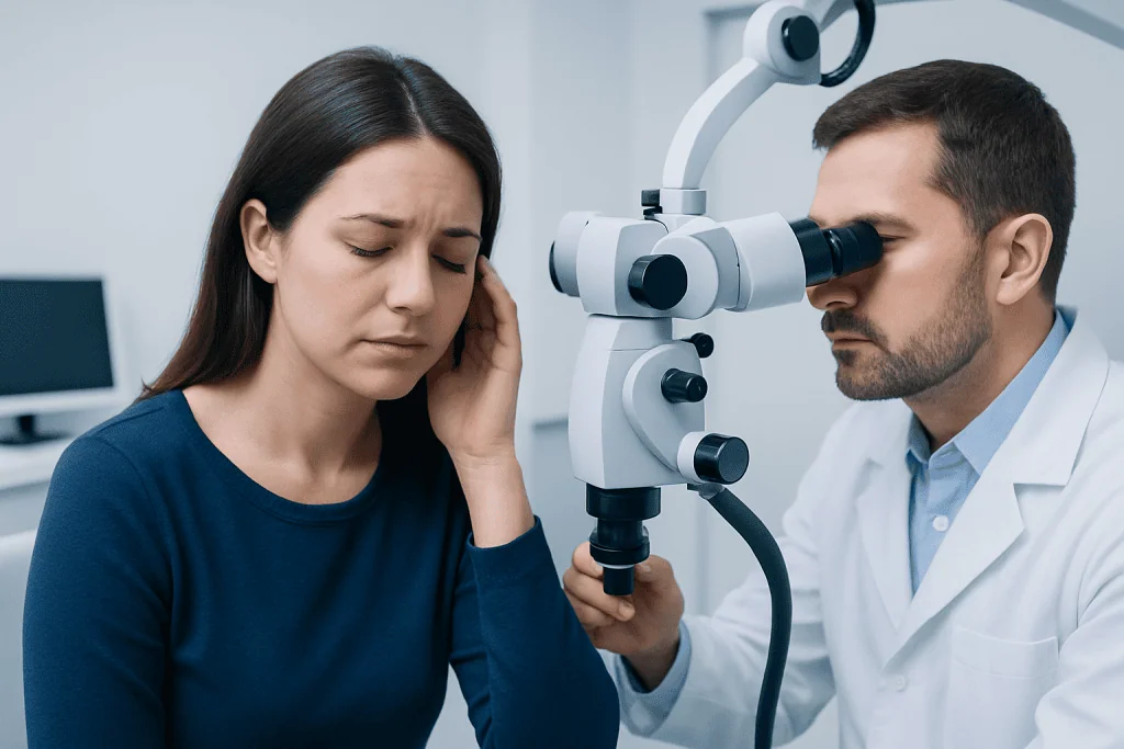 Doctor examining patient's ear with a microscope in a clinical setting.