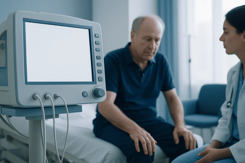 Doctor consulting with an elderly patient in a hospital room.