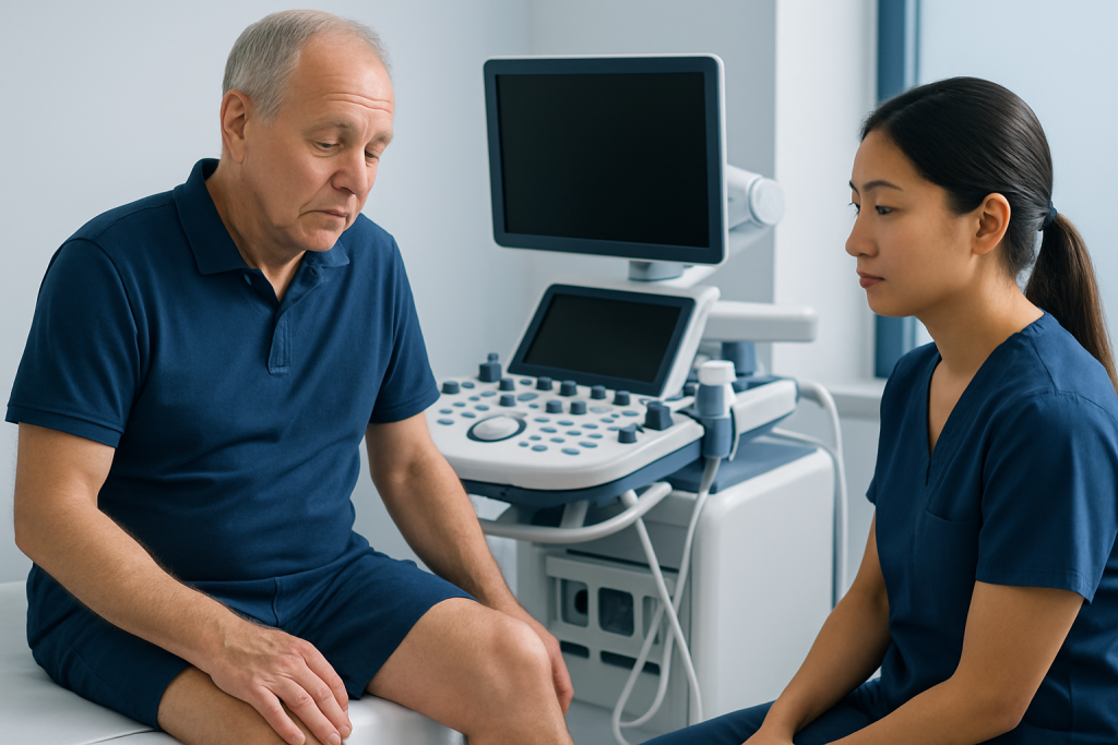 Doctor consulting with an elderly patient in a medical examination room.