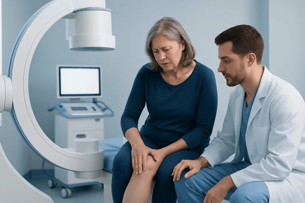 Doctor examining a woman's knee with medical imaging equipment in a hospital.