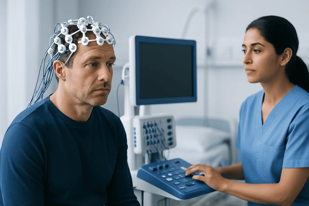 Patient wearing EEG cap during neurological assessment at Acibadem Hospital.