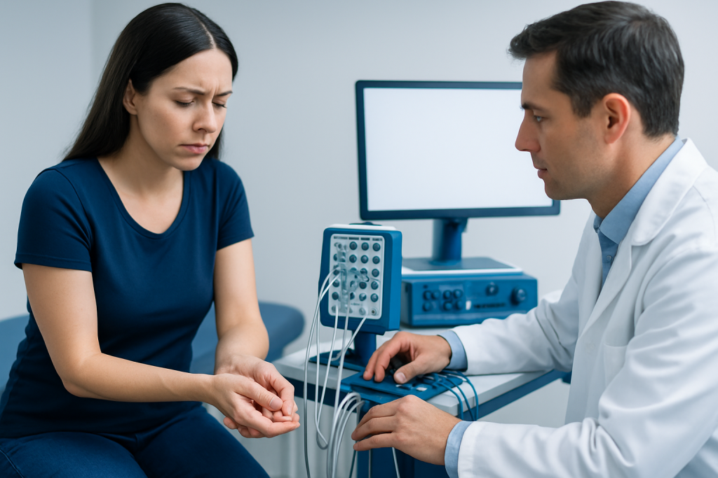 Doctor performs nerve test on woman with wrist pain in clinic.