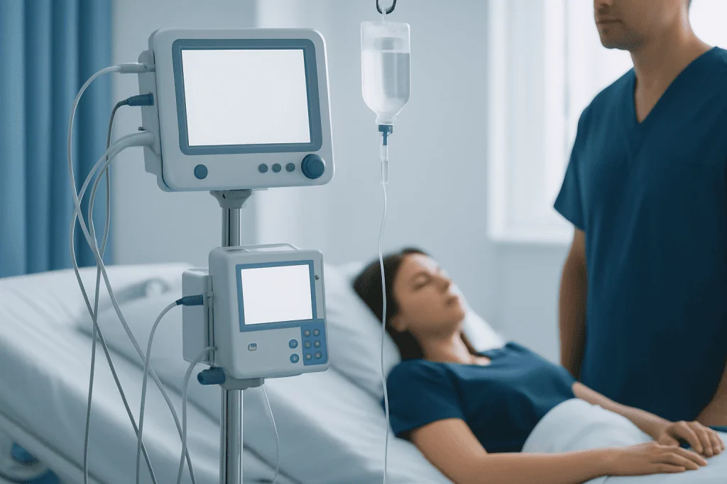 Hospital patient in bed connected to medical monitoring equipment.