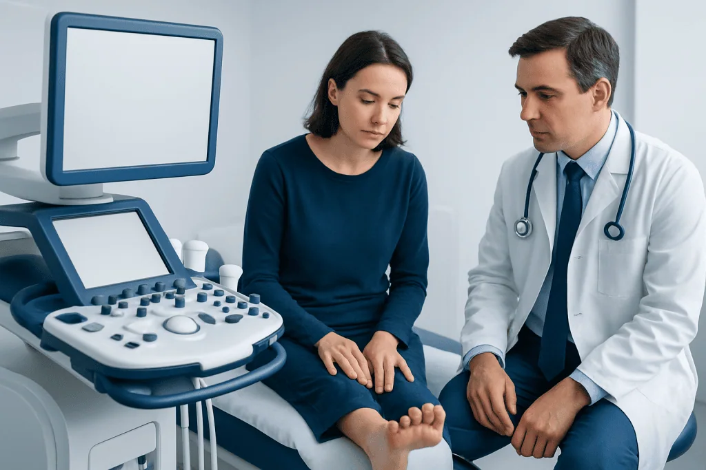 Doctor examining patient's foot with ultrasound device in clinic.