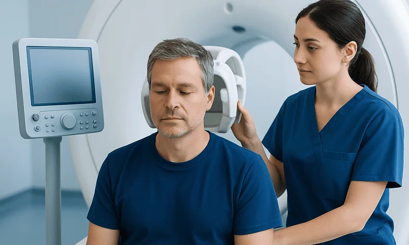 Medical professional preparing patient for MRI scan at Acibadem Hospital.