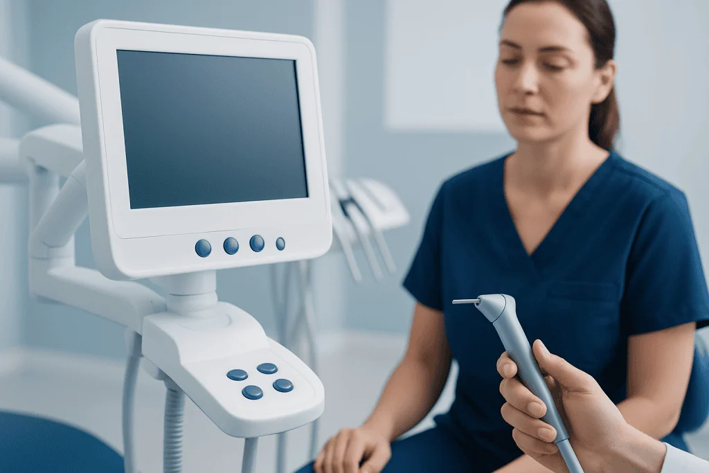 Medical professional using ultrasound device in a clinical setting.