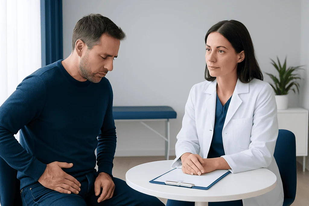 Doctor consulting with male patient about health concerns in clinic.