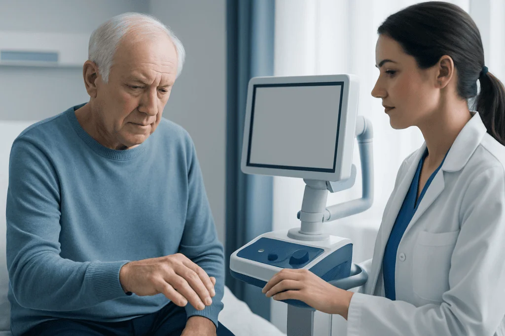 Older man undergoing neurological examination by a doctor in a clinic.