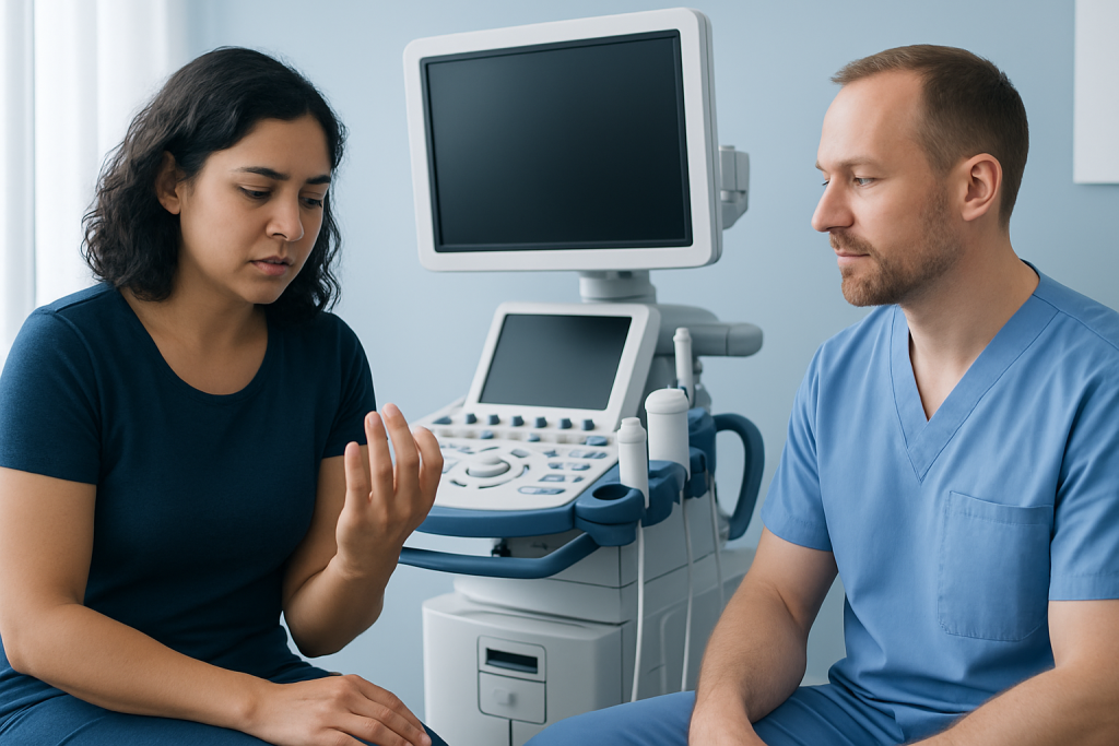 Doctor explaining hand condition to patient during consultation at Acibadem Hospital.