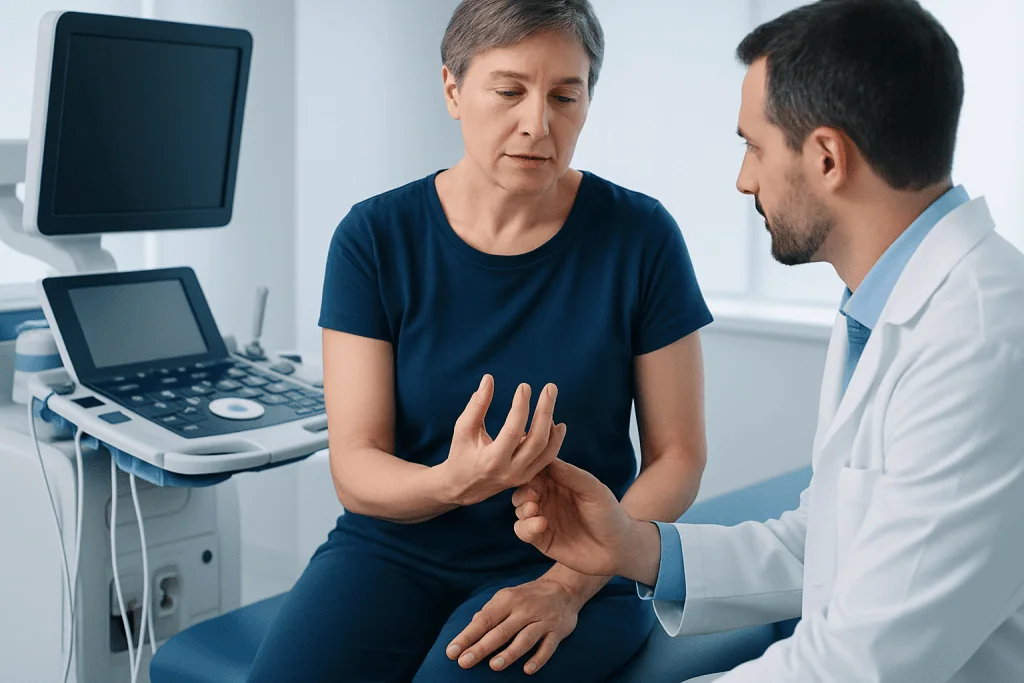 Doctor examining patient's hand in a medical consultation room.