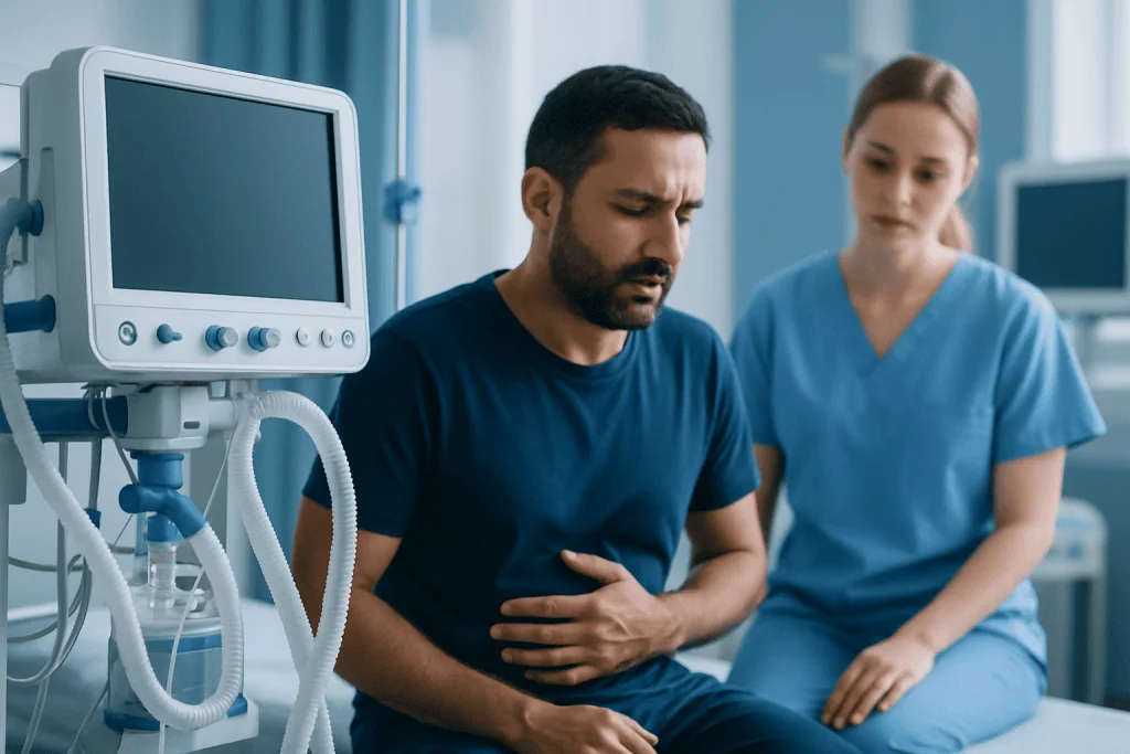 Patient experiencing abdominal pain in hospital with medical staff nearby.