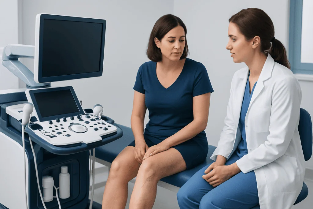 Doctor consulting patient about varicose veins in a medical clinic.