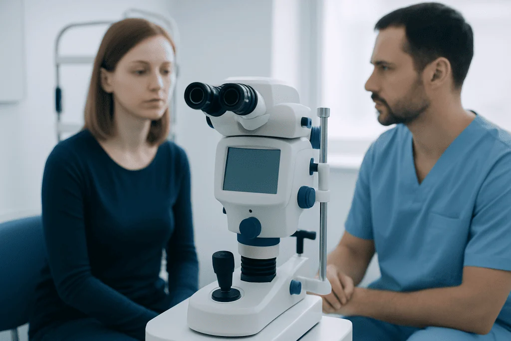 Doctor explaining eye examination to patient using a slit lamp.