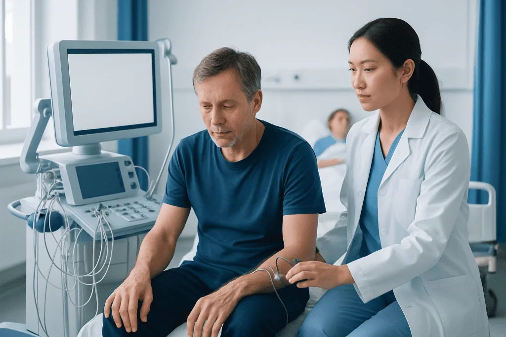 Doctor examining patient with neurological monitoring in hospital.