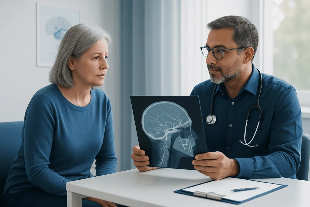 Doctor explains brain MRI scan to an elderly woman in a consultation room.