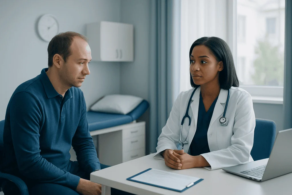 Doctor consulting with a patient in a medical office setting.