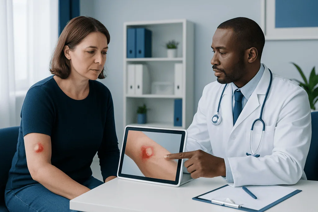 Doctor explaining boil disease to patient with visual aid on tablet.