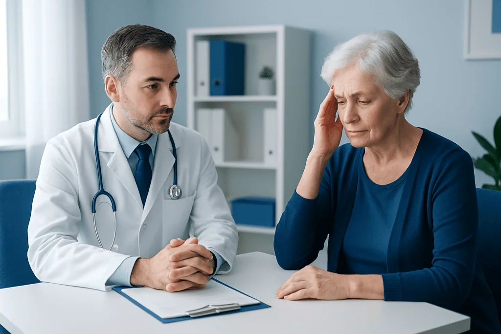 Doctor consulting with an elderly woman about health concerns in a medical office.