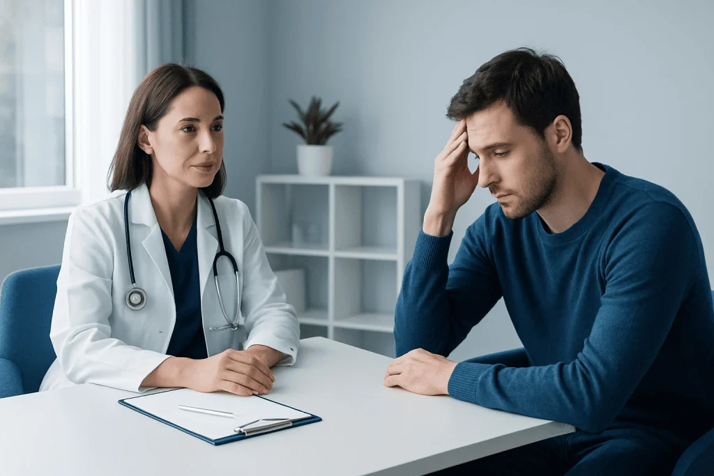 Doctor consulting with a patient about mental health in a clinical setting.