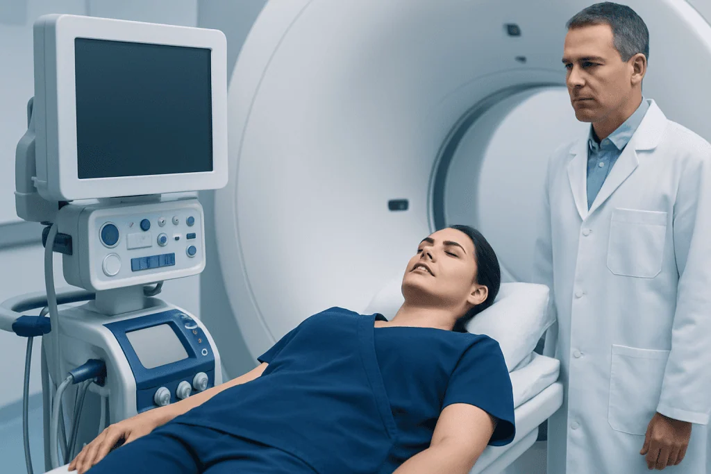 Patient undergoing MRI scan at Acibadem Hospital for spinal evaluation.