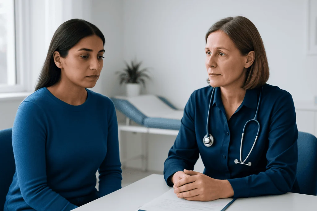 Doctor consulting a patient in a medical office setting.