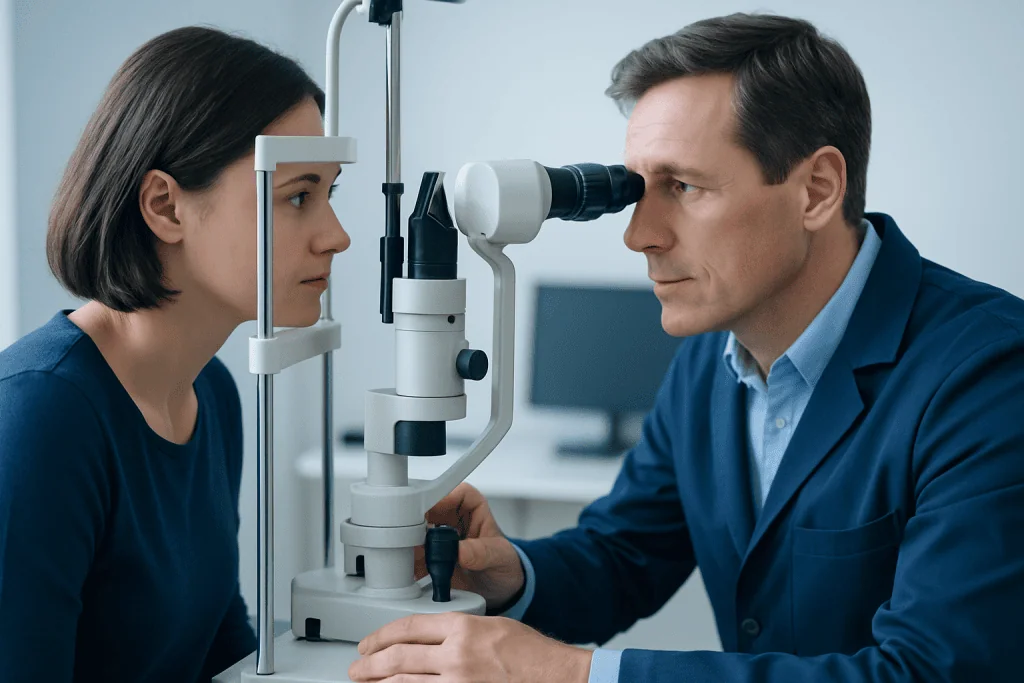 Neuro-ophthalmologist examines patient's eye with slit lamp and microscope.