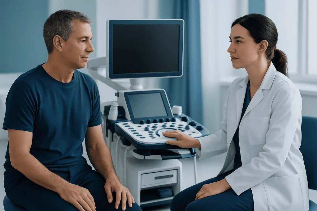 Doctor performing neuromuscular test on patient in clinic setting.