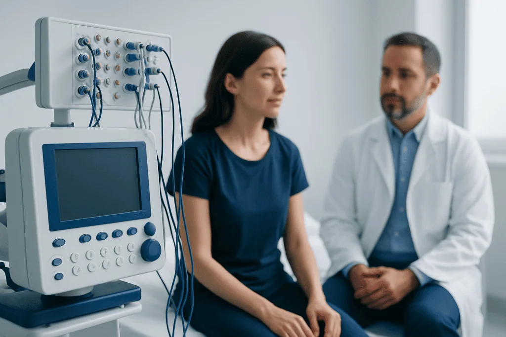 Doctor and patient in neuromuscular examination room at Acibadem Hospital.