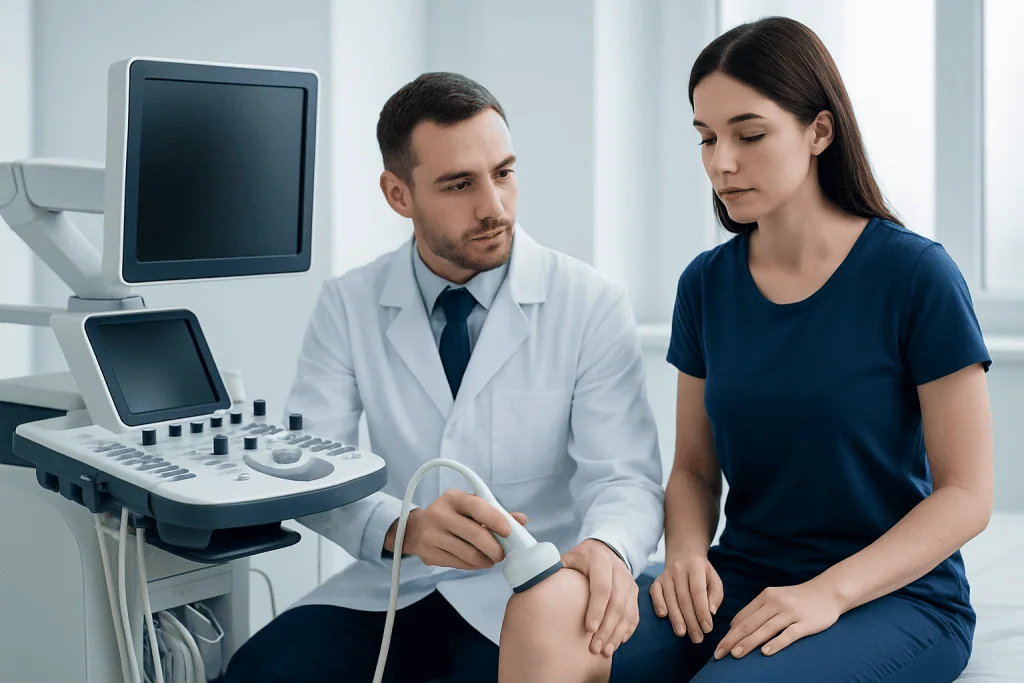Doctor performing knee ultrasound examination on a patient in a hospital.