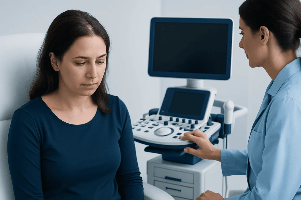 Doctor performing a medical consultation for hair loss treatment on a woman.