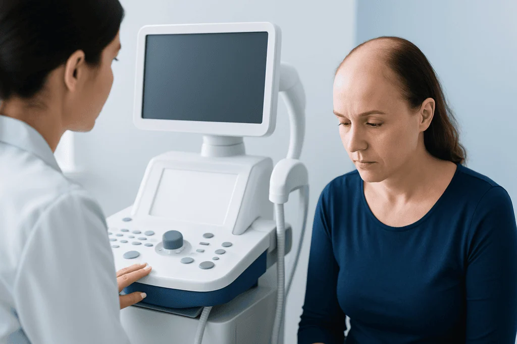 Medical consultation for female hair loss treatment at Acibadem Hospital.