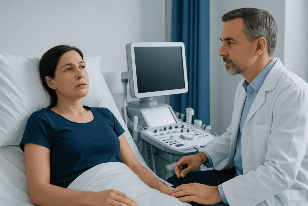 Doctor consulting a female patient in a hospital room with medical equipment.