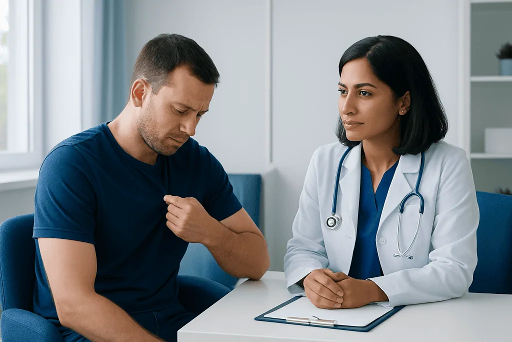Doctor consulting with patient about health concerns in a clinical setting.