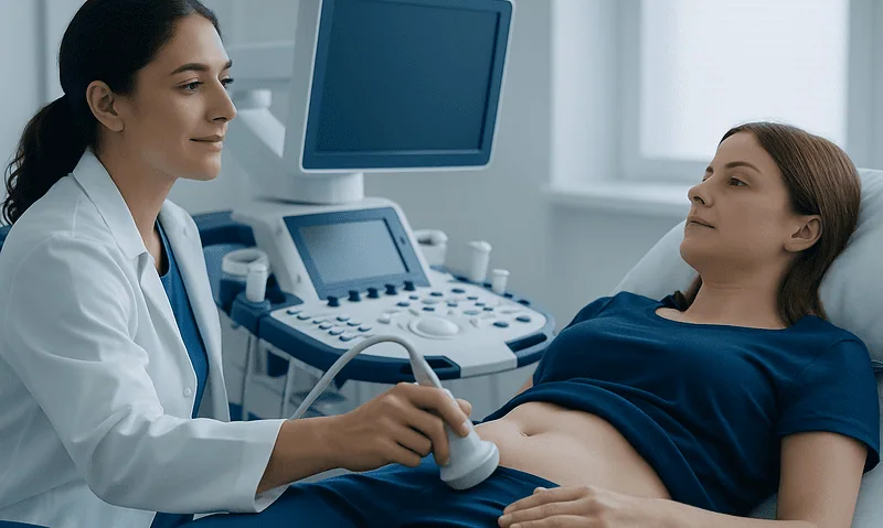 Female patient undergoing ultrasound examination at Acibadem Hospital.