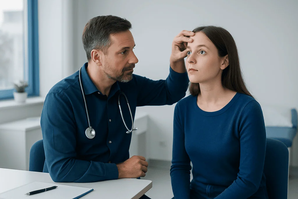 Doctor examining patient's eye in a clinical setting.