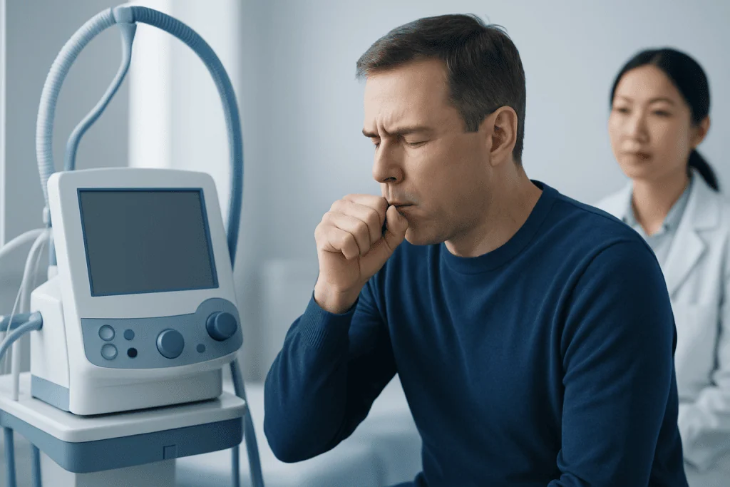Man experiencing cough during medical examination at Acibadem Hospital.