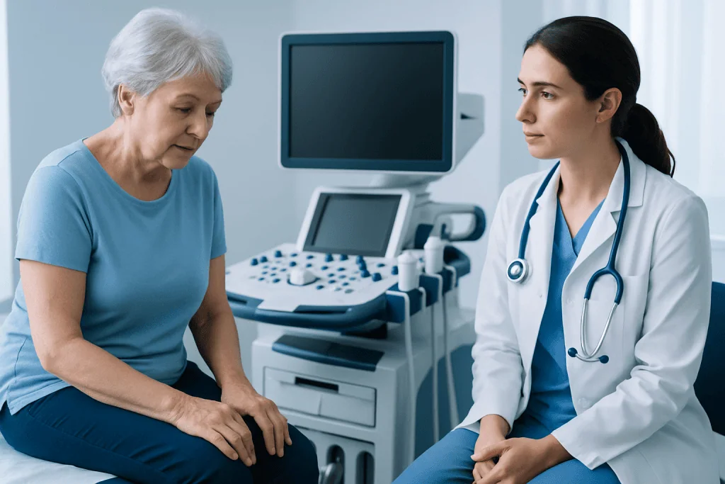 Doctor consulting elderly woman about joint health in clinic setting.