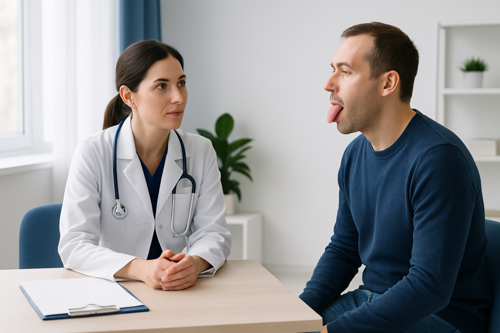 Doctor examining patient's tongue during consultation at Acibadem Hospital.