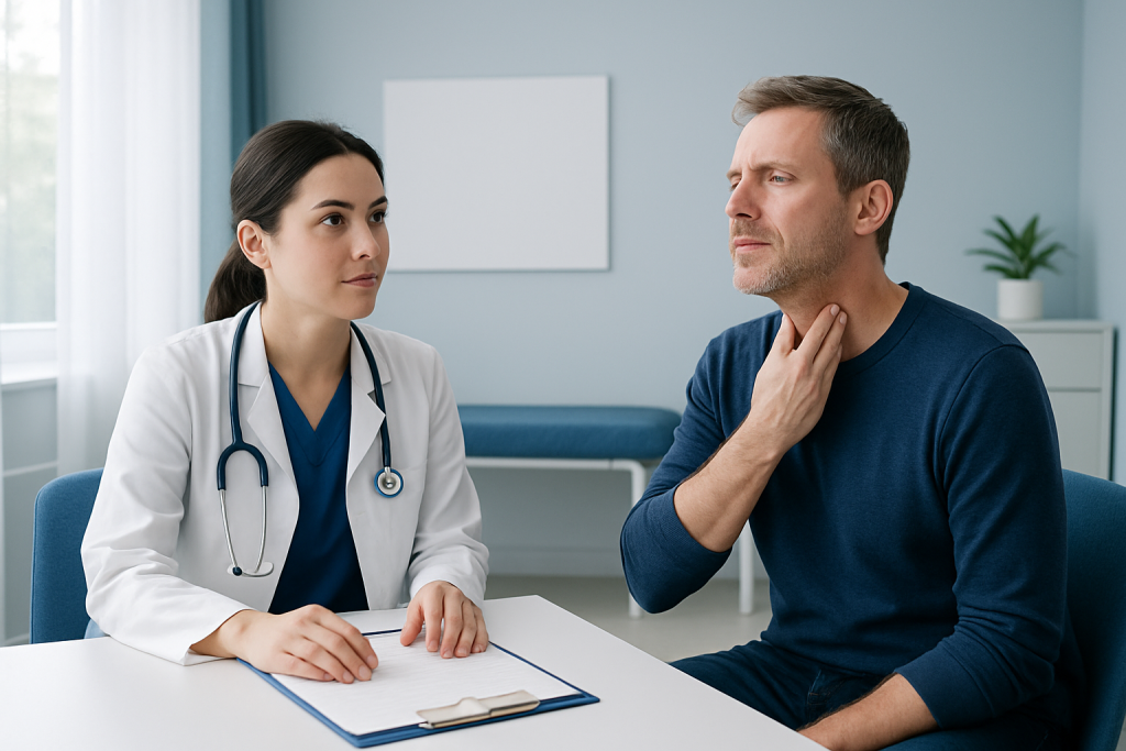 Doctor consulting with adult patient about tonsil health and surgery options.