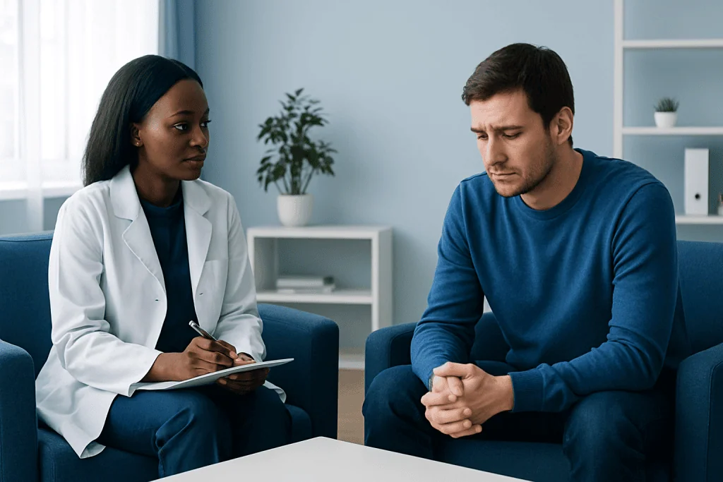 Doctor consulting with a patient in a modern medical office.